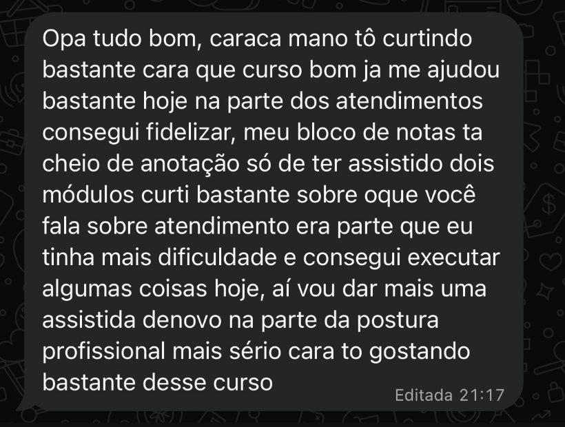 Depoimento de aluno no WhatsApp sobre atendimento