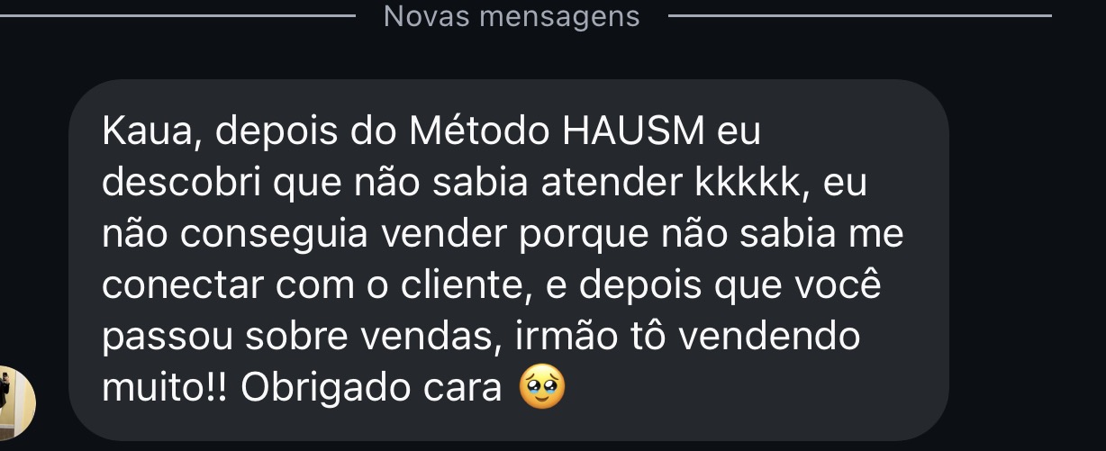 Depoimento de aluno no WhatsApp sobre vendas