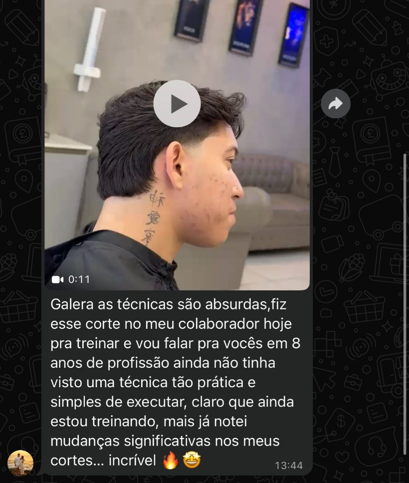 Depoimento de aluno no WhatsApp sobre técnica de corte